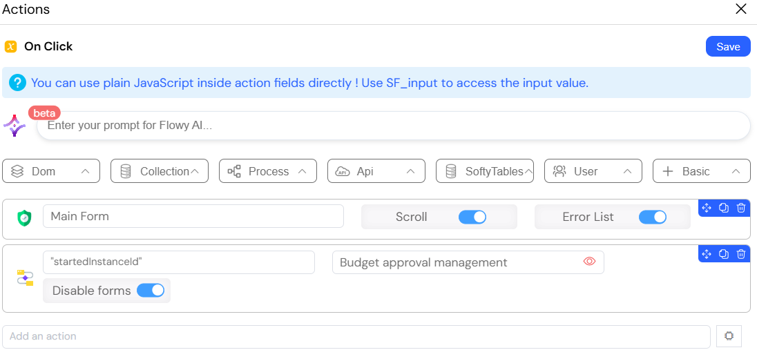 Button Actions Panel