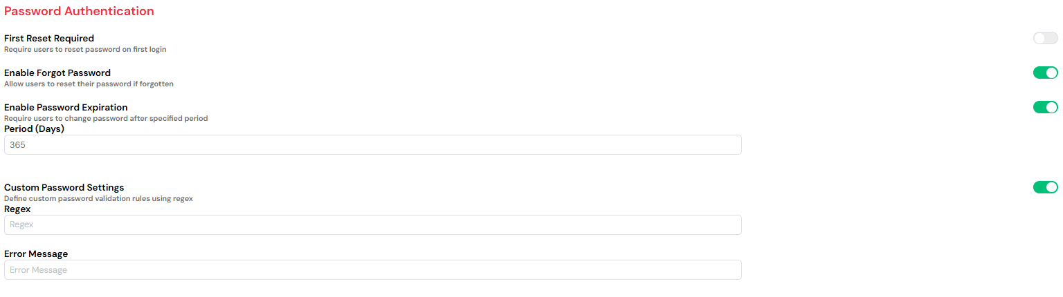 The configuration panel for password management policies in Softyflow.