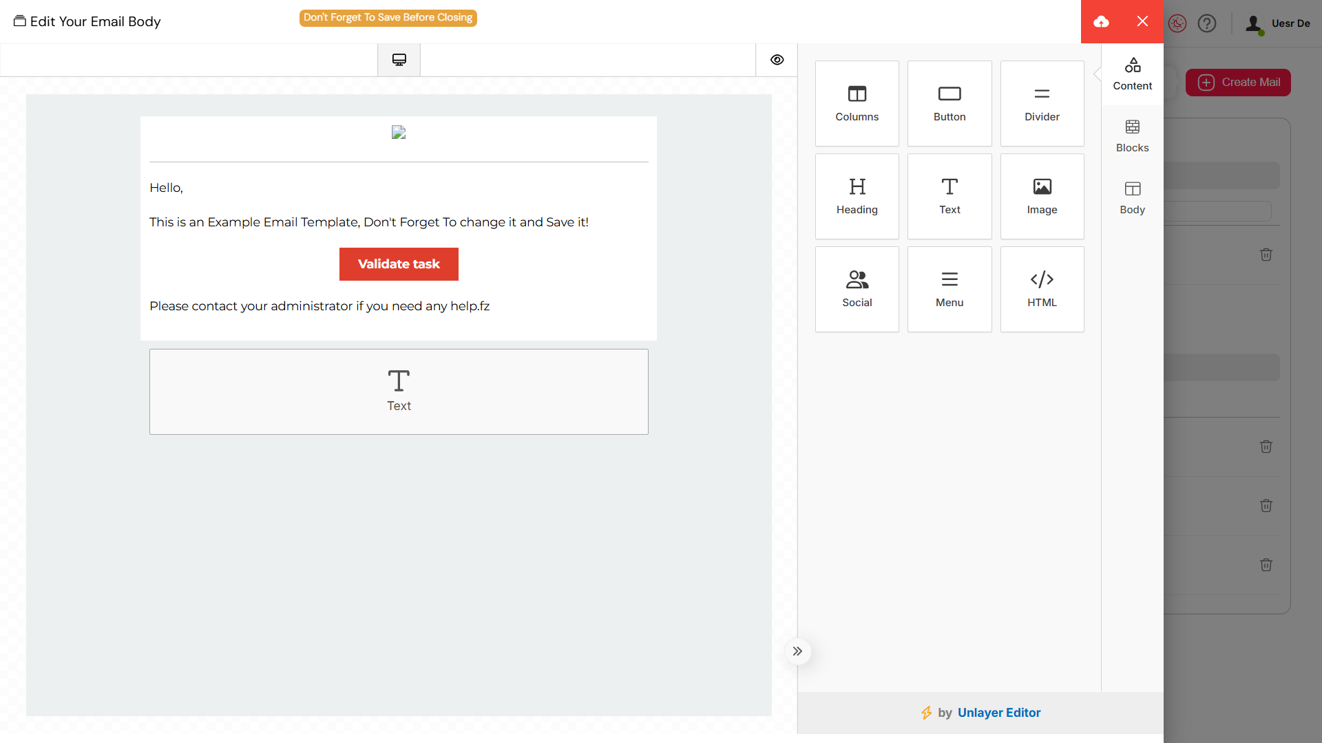 Mail template editor with dynamic variables