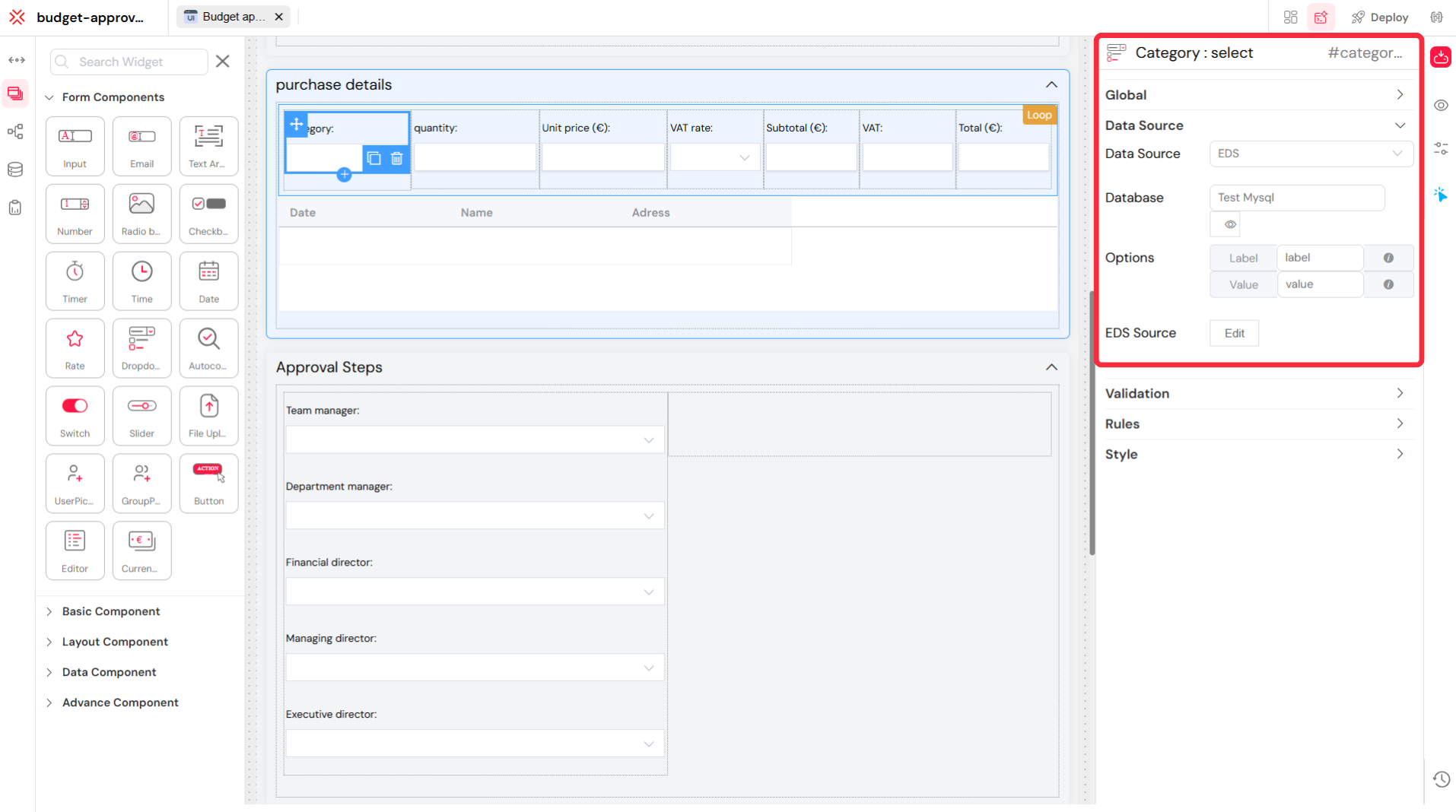 Connecting a Select widget to an EDS data source in the UI Designer.