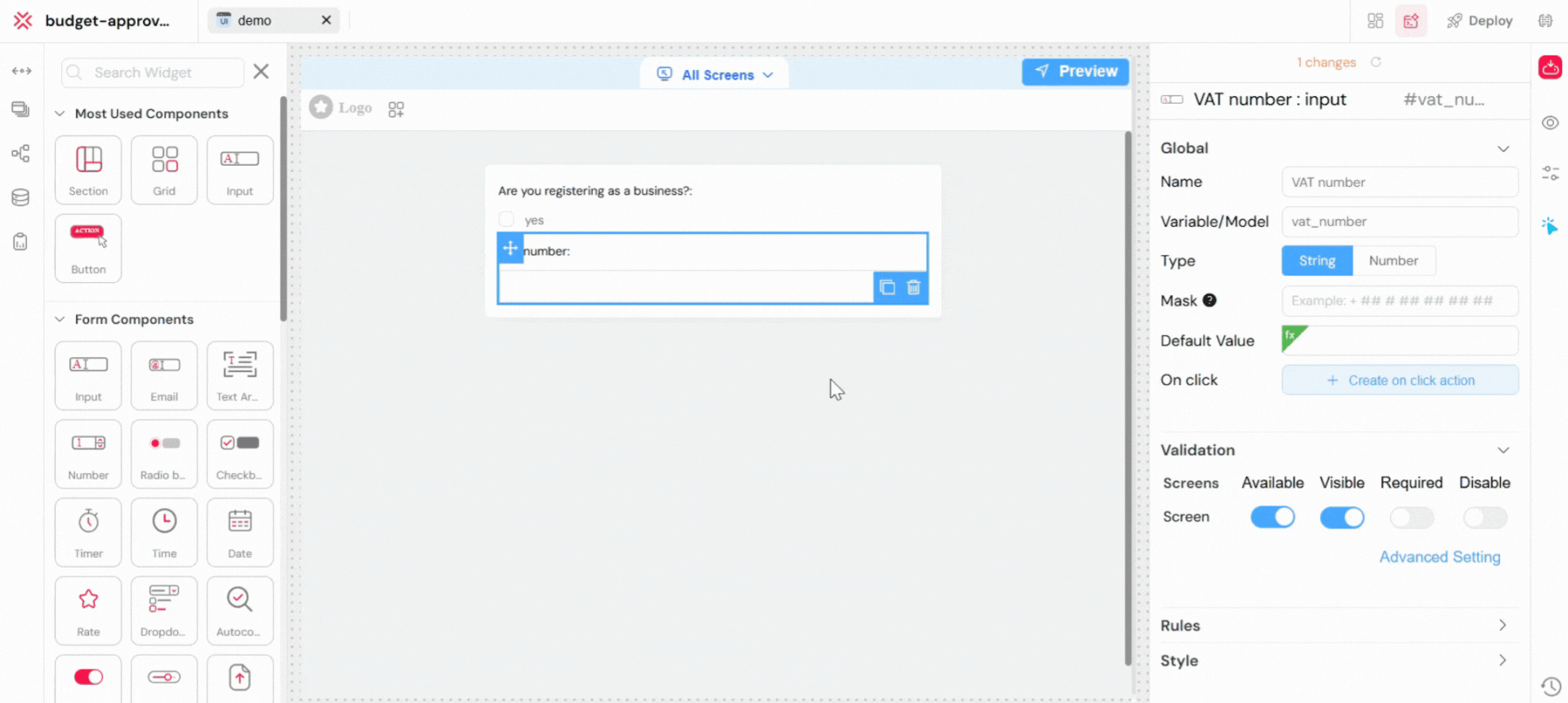 Live example: When the user switches from 'Business' to 'Personal', the 'hide' action conceals the 'VAT Number' field.