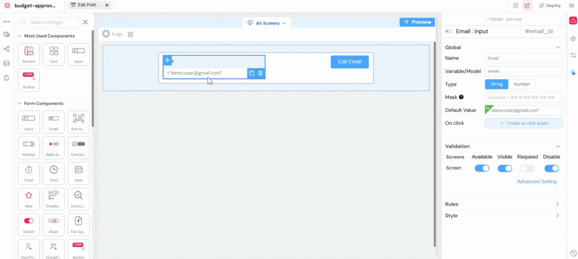 Using 'setDisable' to enable an input field.