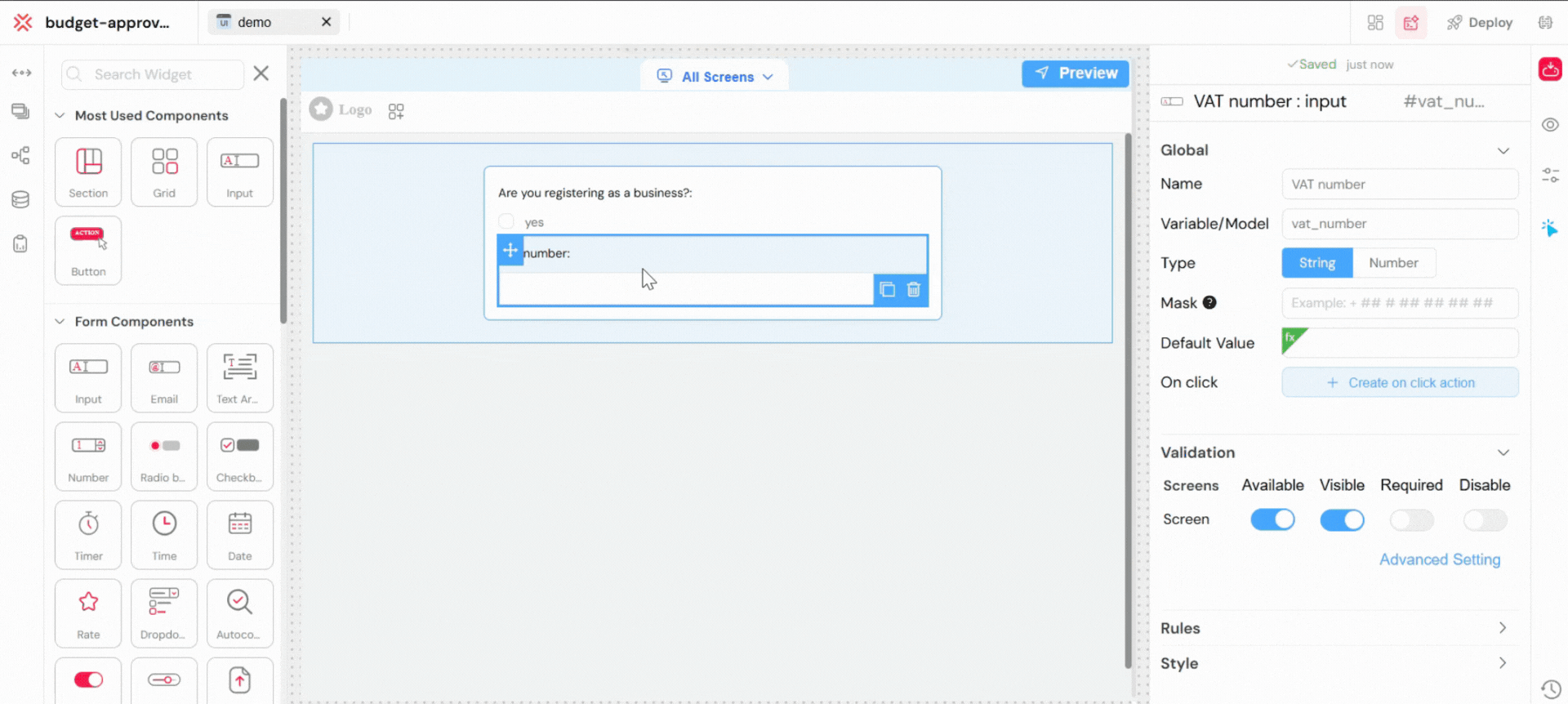 Live example: When the 'Business' radio button is selected, the 'show' action reveals the 'VAT Number' field.