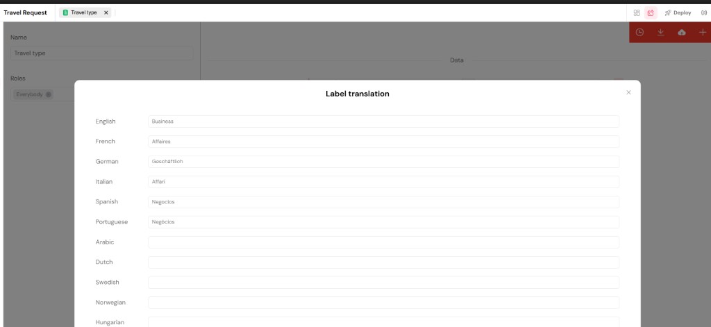 Per-option translation popover with one field per language.