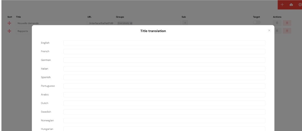 The Menu builder Title translation dialog β one field per language for each menu item.