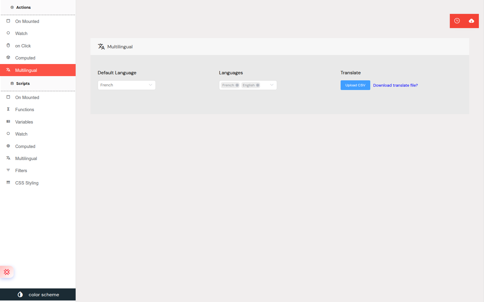 The Multilingual panel where the default language, enabled languages, and CSV import/export are configured.