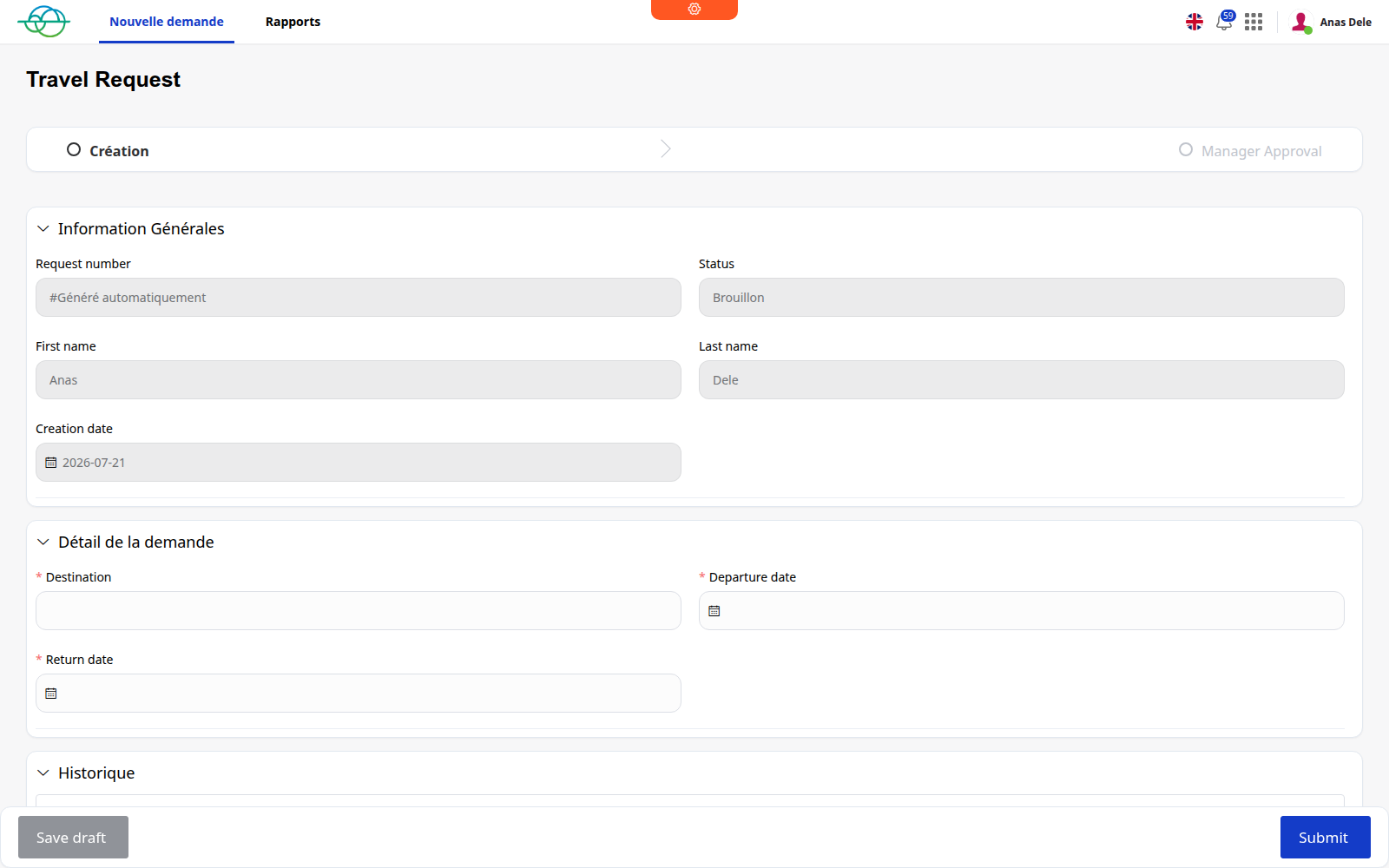 The same interface rendered in English after switching language.