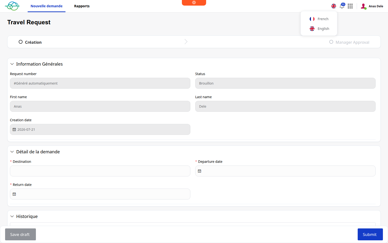 The flag dropdown in the runtime interface header (shown only when at least two languages are enabled).