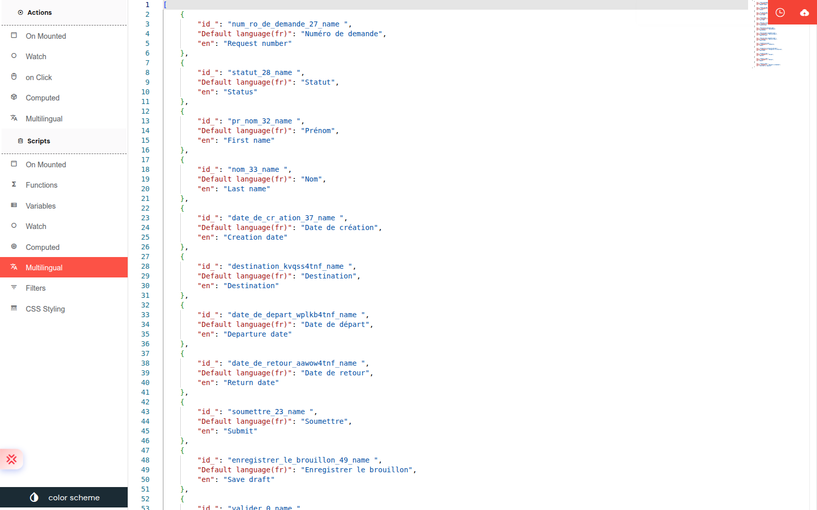 The Monaco JSON editor bound to the interface translation table.