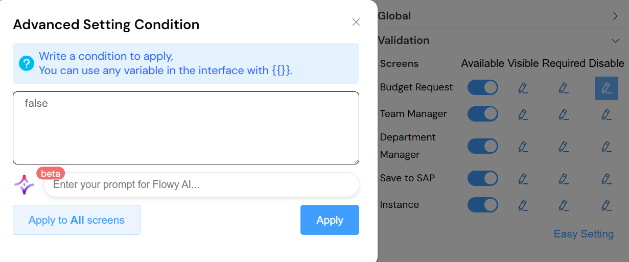 The Advanced Condition Editor allows for writing custom JavaScript logic to control a rule's behavior.