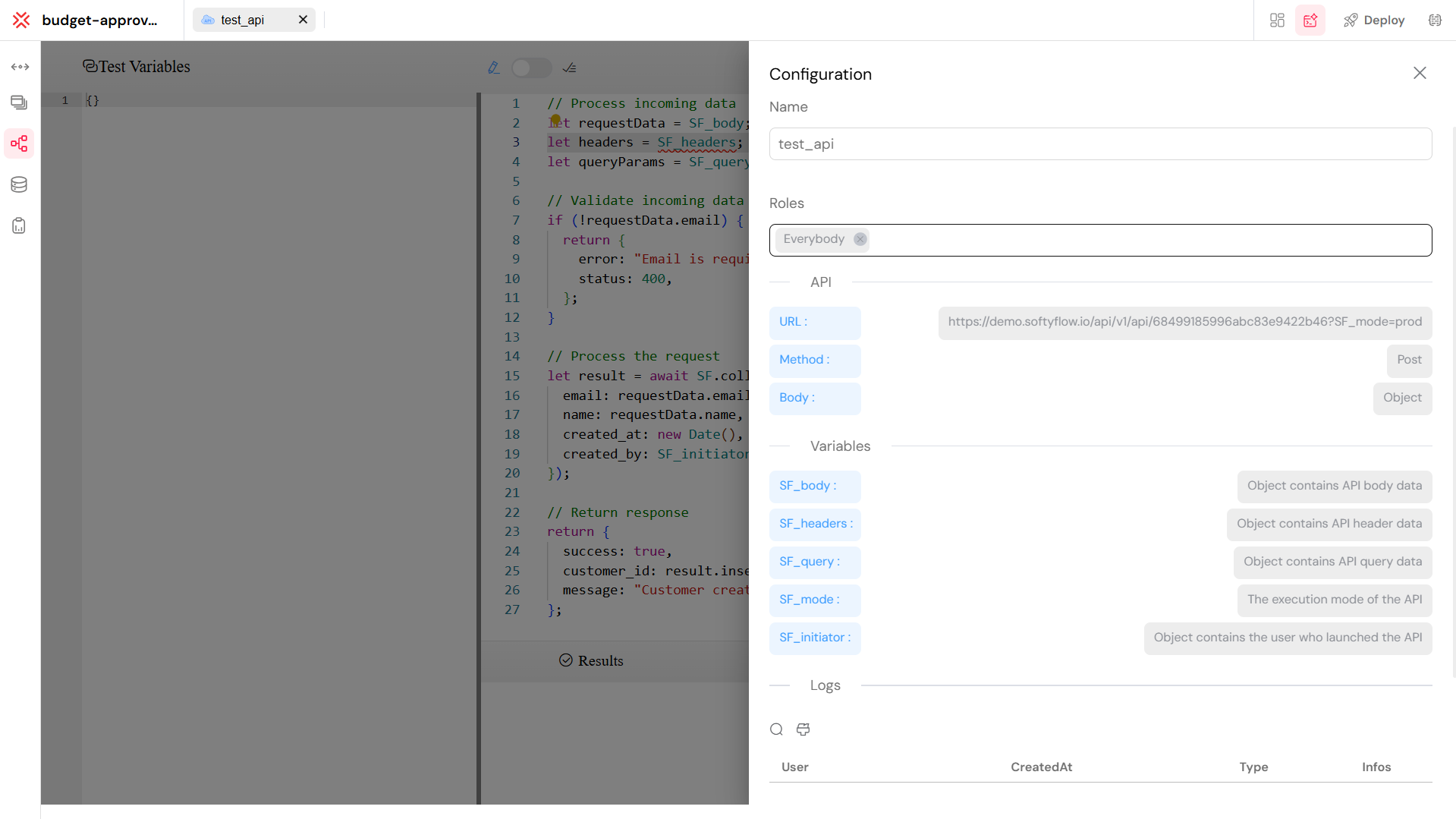Variables available in API configuration