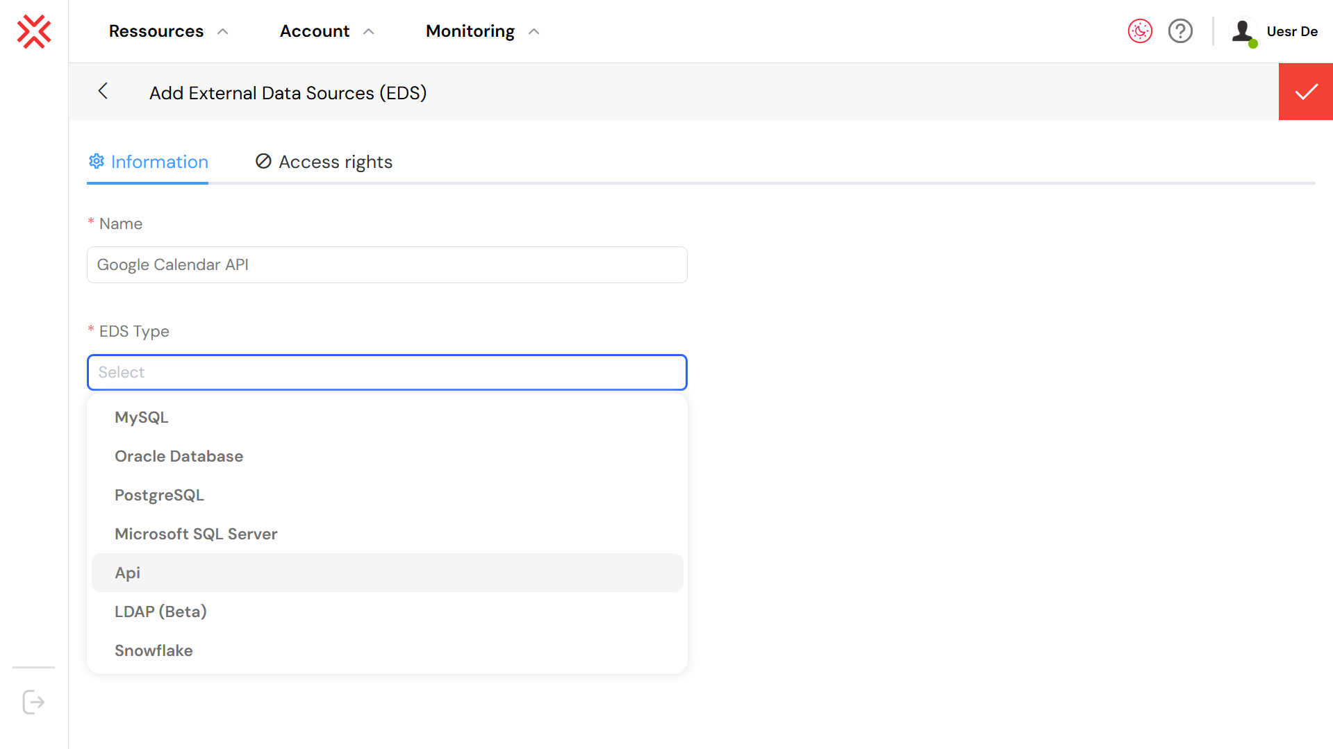 API EDS configuration interface