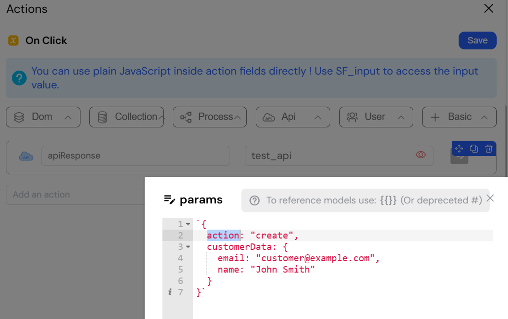Invoke API action configuration screen