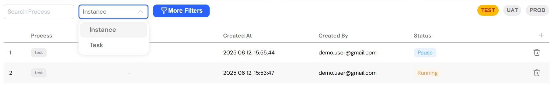 Basic process search and filter options